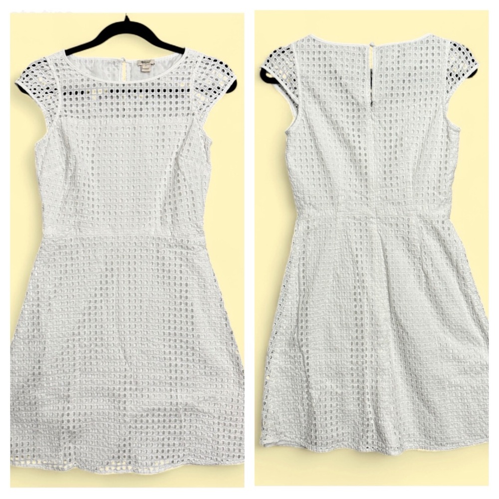 J.Crew‎ Sz 0 White Eyelet Lace Cap Sleeve Fit & Flare Mini Dress Coquette Preppy